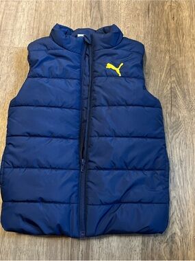 Puma Kids' Navy Blue Puffer Vest with Yellow Logo XS